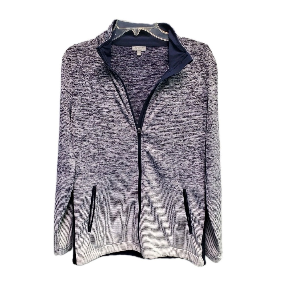 T By Talbots Striped Full Zip Athleisure Jacket Size M Navy Blue& White
